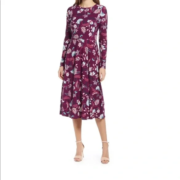 Eliza J Floral Long Sleeve Midi Dress, Size 8 - Aubergine at Nordstrom Rack